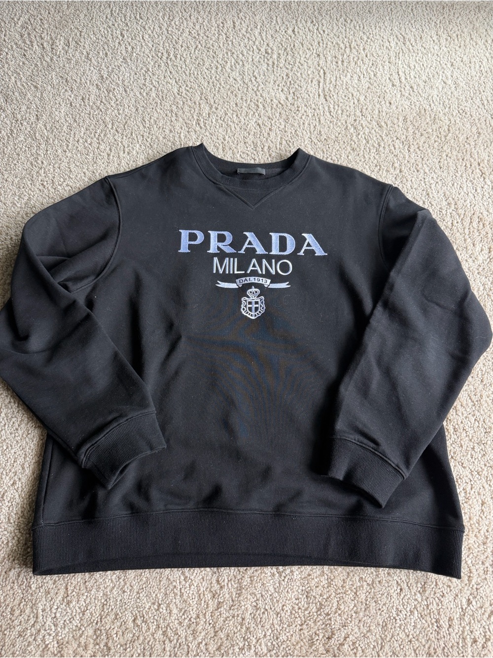Prada Black Crewneck Sweatshirt with Light Blue Logo